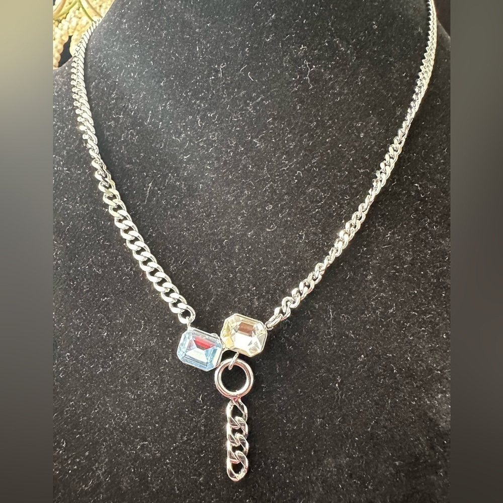 Silver Tone Necklace with Clear Rhinestone Accents Adjustable 16"